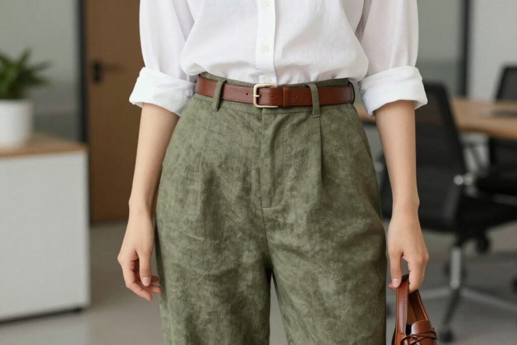 Woman wearing olive green linen pants with a crisp white button-down shirt and loafers for an office look