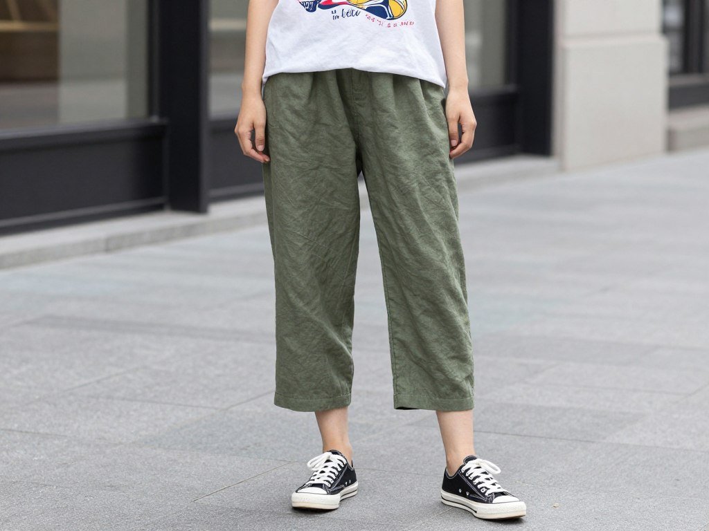Woman wearing olive green linen pants with a graphic tee and canvas sneakers for a casual weekend look