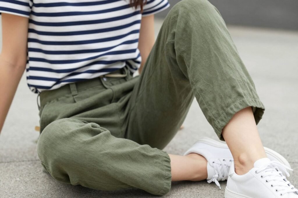Woman wearing olive green linen pants with a striped t-shirt and white sneakers for a casual weekend look