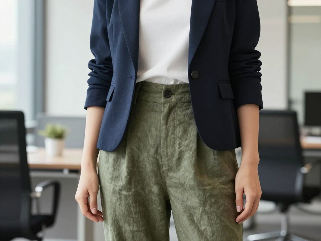 Woman wearing olive green linen pants with a structured blazer and shell top for a professional outfit