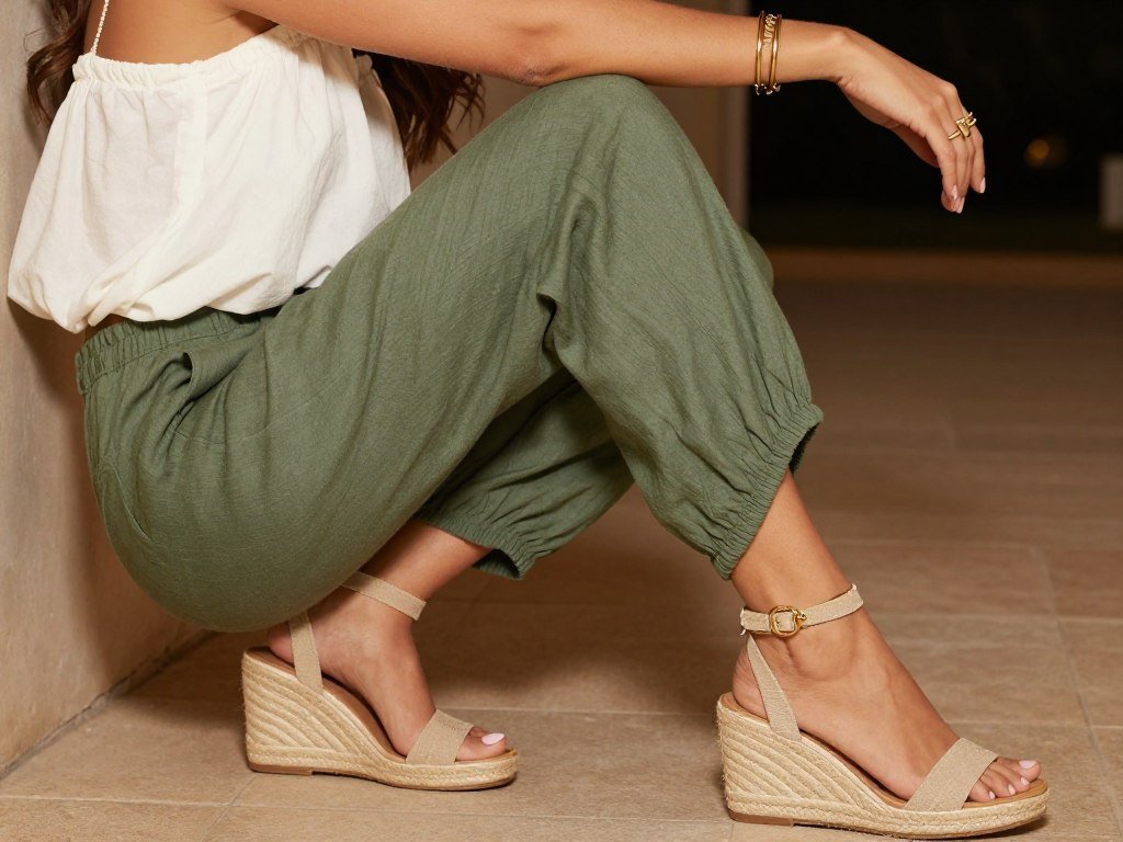 Woman wearing olive green linen pants with an off-shoulder top and wedge sandals for a summer evening outfit