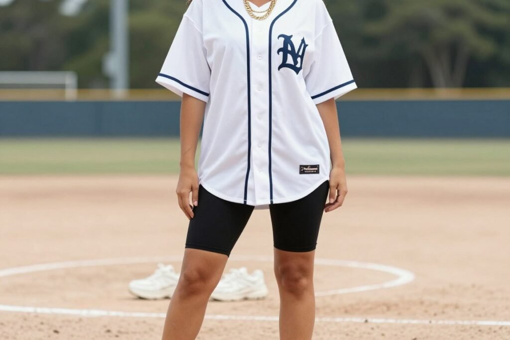Woman wearing oversized baseball jersey as dress with cycling shorts and chunky sneakers