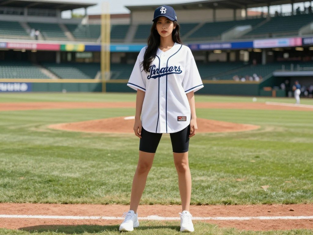 Woman wearing oversized baseball jersey with bike shorts and sneakers