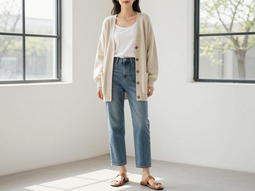 Woman wearing oversized cardigan with tank top and straight-leg jeans for spring