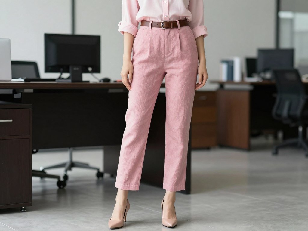 Woman wearing pink linen pants with a matching pink button-down shirt
