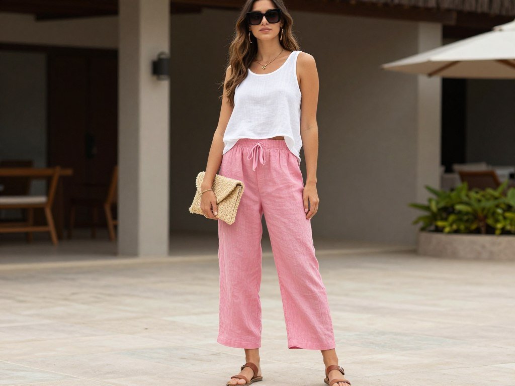 Woman wearing pink linen pants with a white linen cropped tank top