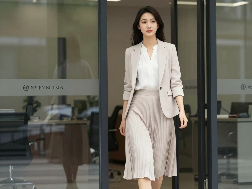 Woman wearing pleated midi skirt with sleeveless blouse and blazer for elegant summer work outfit