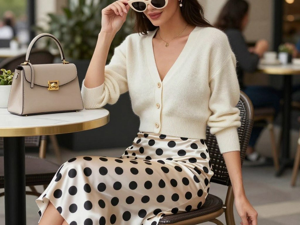 Woman wearing polka dot satin skirt with cropped cardigan for summer brunch