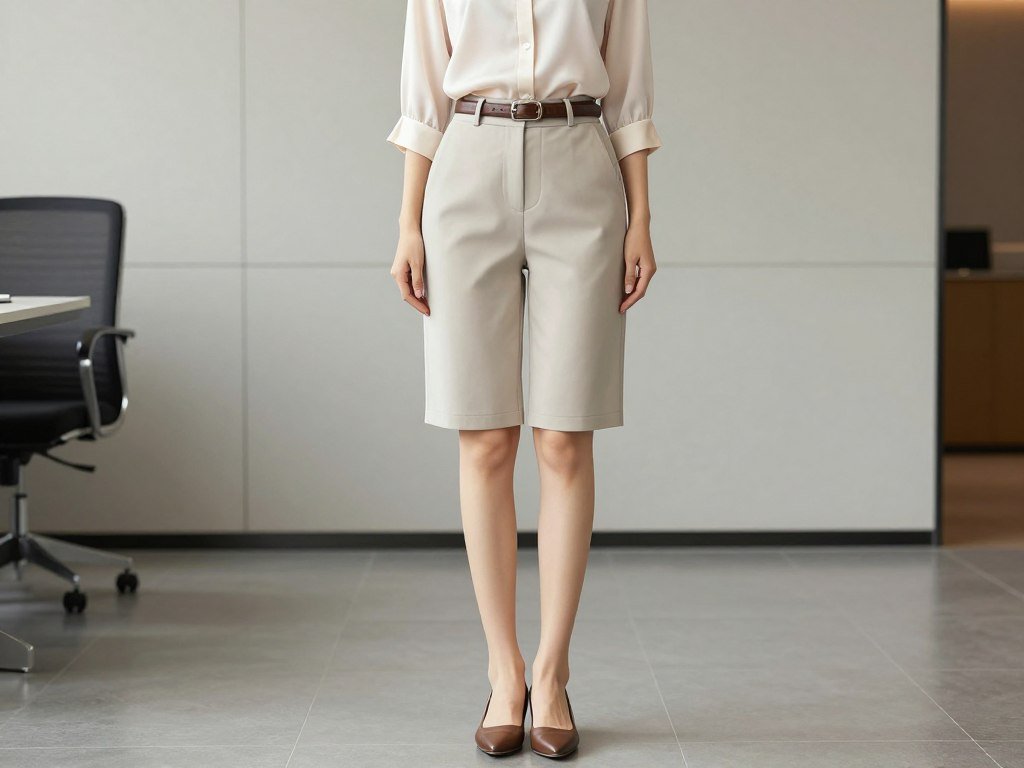 Woman wearing professional blouse with tailored Bermuda shorts in office setting