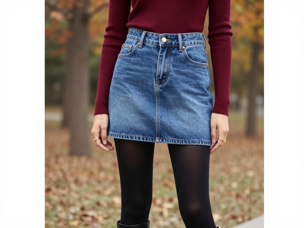 Woman wearing short jean skirt with burgundy turtleneck, black tights and ankle boots