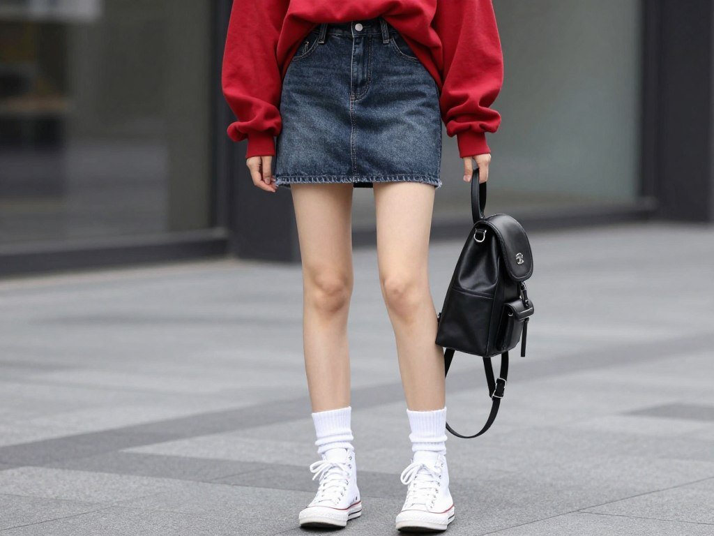 Woman wearing short jean skirt with oversized hoodie and high-top sneakers