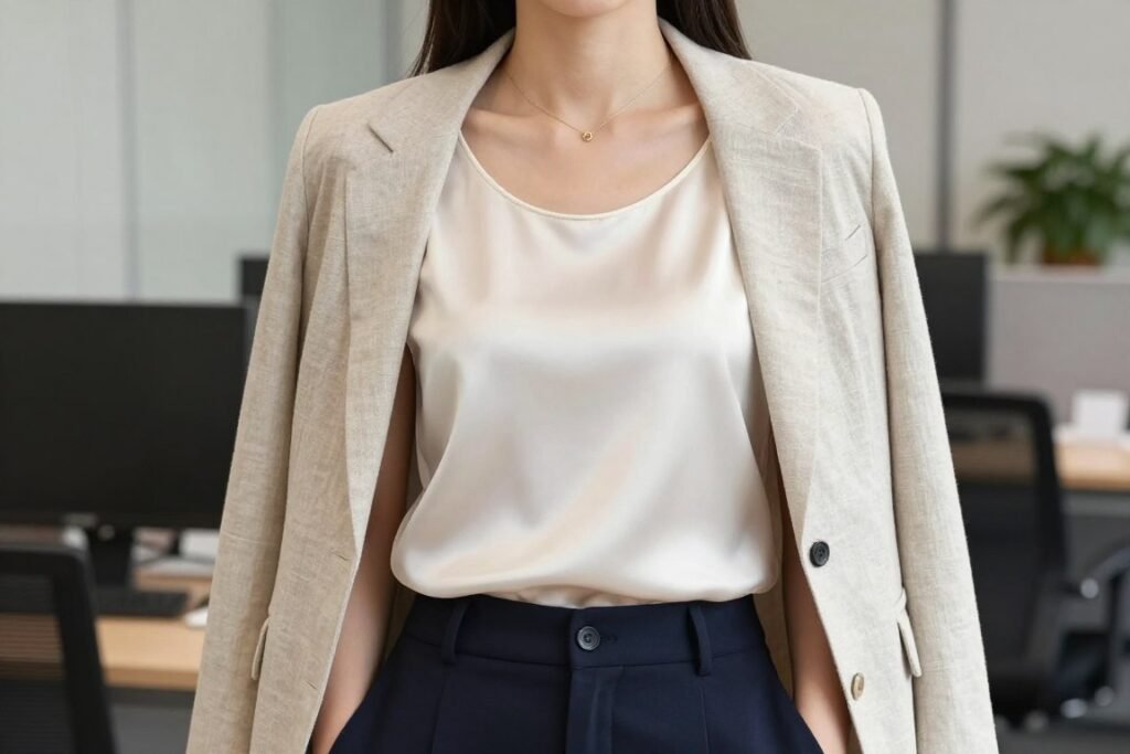 Woman wearing sleeveless shell top with blazer as summer office outfit