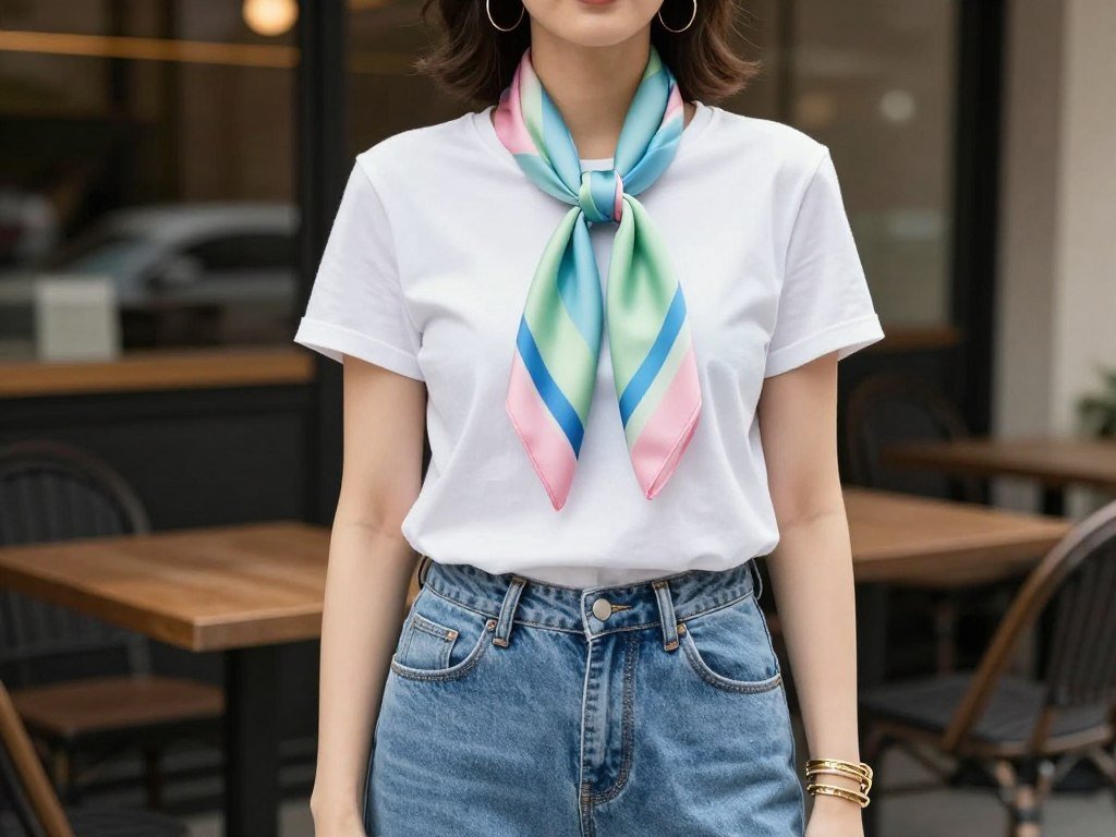 Woman wearing spring outfit with colorful silk scarf as accessory