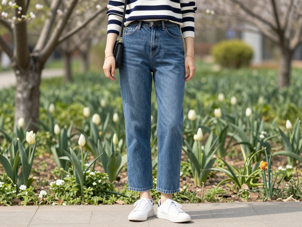 Woman wearing straight-leg blue jeans with striped sweater and white sneakers for a casual spring outfit