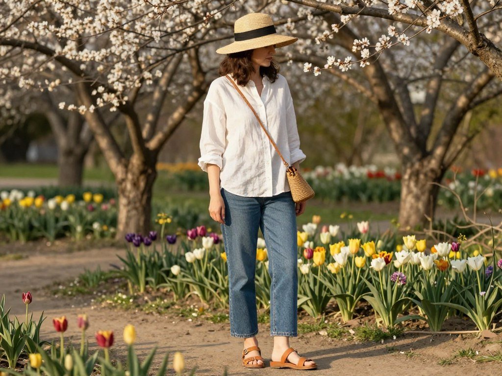 Woman wearing straw hat with casual spring outfit