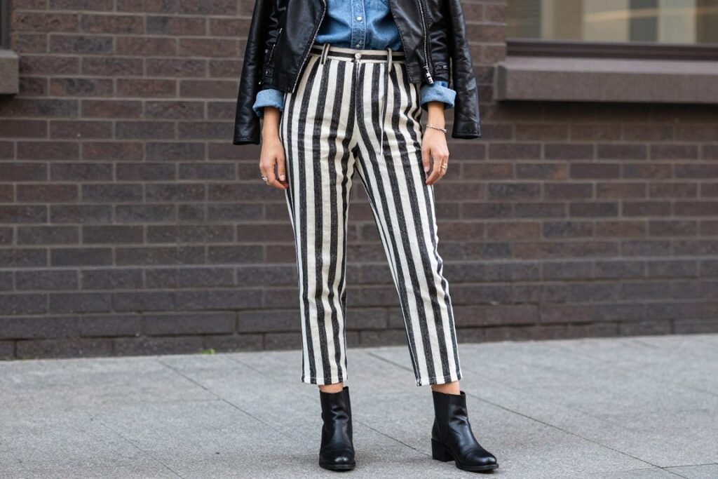 Woman wearing striped linen pants with a denim shirt and leather jacket for an edgy striped linen pants outfit