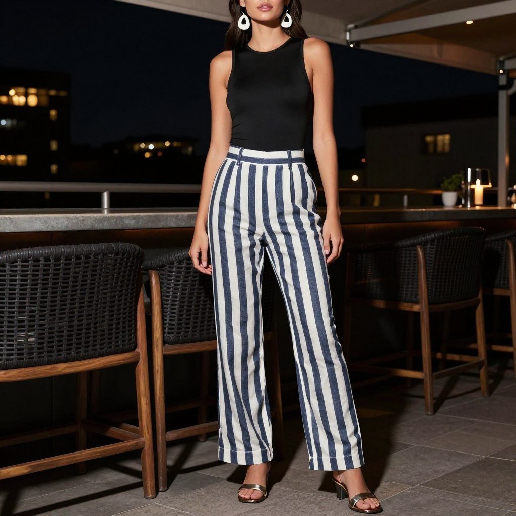 Woman wearing striped linen pants with a fitted bodysuit and statement earrings for a chic striped linen pants outfit
