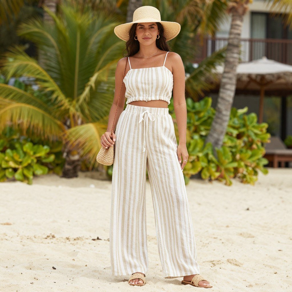 Woman wearing striped linen pants with a linen crop top and straw hat for a coordinated striped linen pants outfit