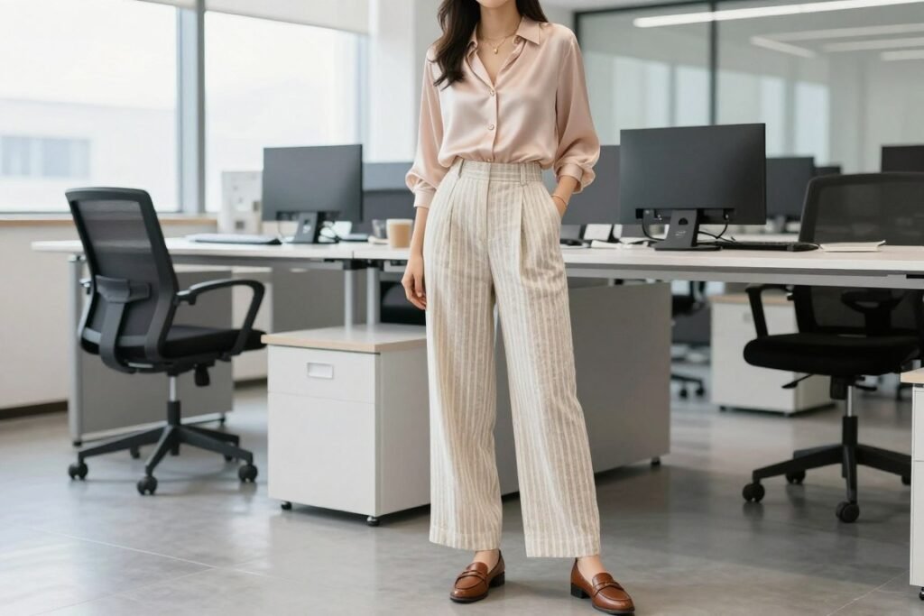 Woman wearing striped linen pants with a silk blouse and loafers for an elegant striped linen pants outfit