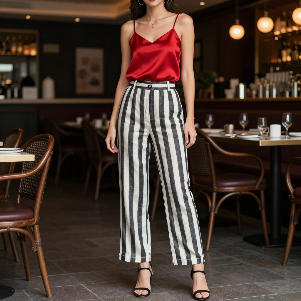 Woman wearing striped linen pants with a silky camisole and strappy heels for a date night striped linen pants outfit