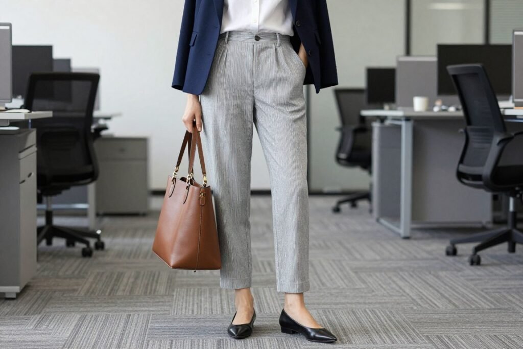 Woman wearing striped linen pants with a tailored blazer and button-up shirt for a professional striped linen pants outfit