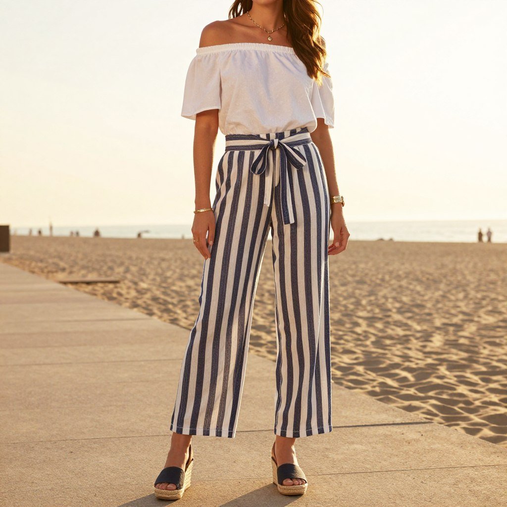 Woman wearing striped linen pants with an off-shoulder top and espadrilles for an evening beach striped linen pants outfit
