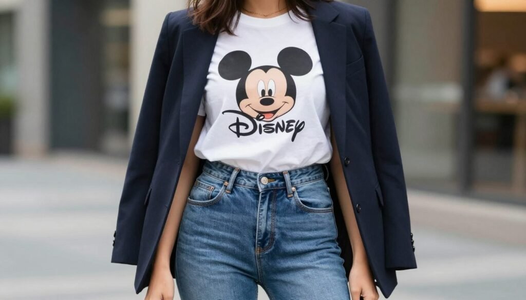 Woman wearing stylish Disney graphic t-shirt paired with jeans and blazer