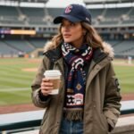 Woman wearing stylish cold baseball game outfit with layers at stadium