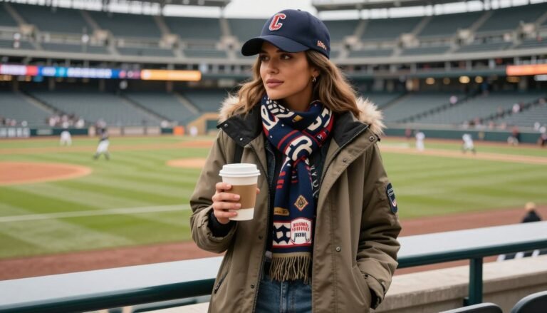 Woman wearing stylish cold baseball game outfit with layers at stadium