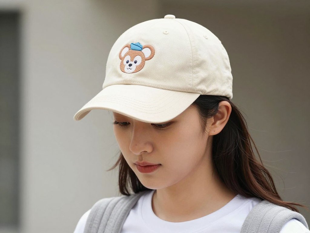 Woman wearing subtle Disney character-inspired baseball cap with casual outfit