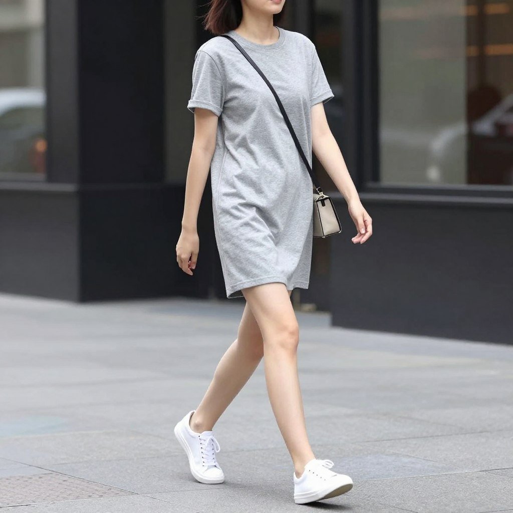 Woman wearing t-shirt dress and sneakers summer outfit
