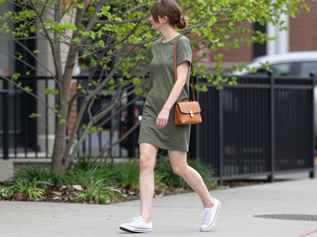 Woman wearing t-shirt dress with sneakers and crossbody bag for casual spring outfit