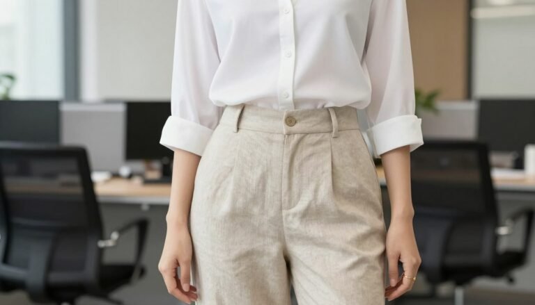 Woman wearing tailored beige linen pants with a structured white blouse in an office setting, demonstrating a professional linen pants outfit work combination