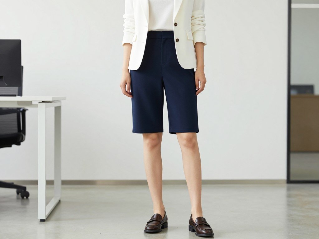 Woman wearing tailored bermuda shorts with a structured blazer and simple top in an office casual environment
