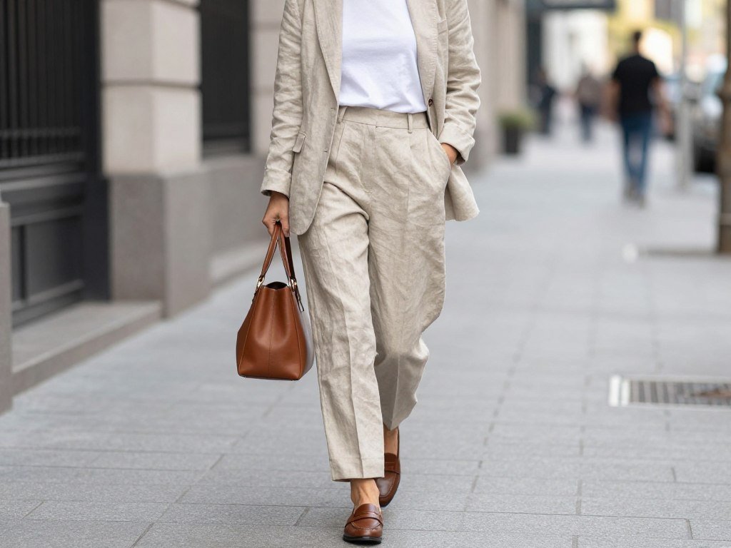Woman wearing tailored linen pants with blazer for a city summer linen pants outfit