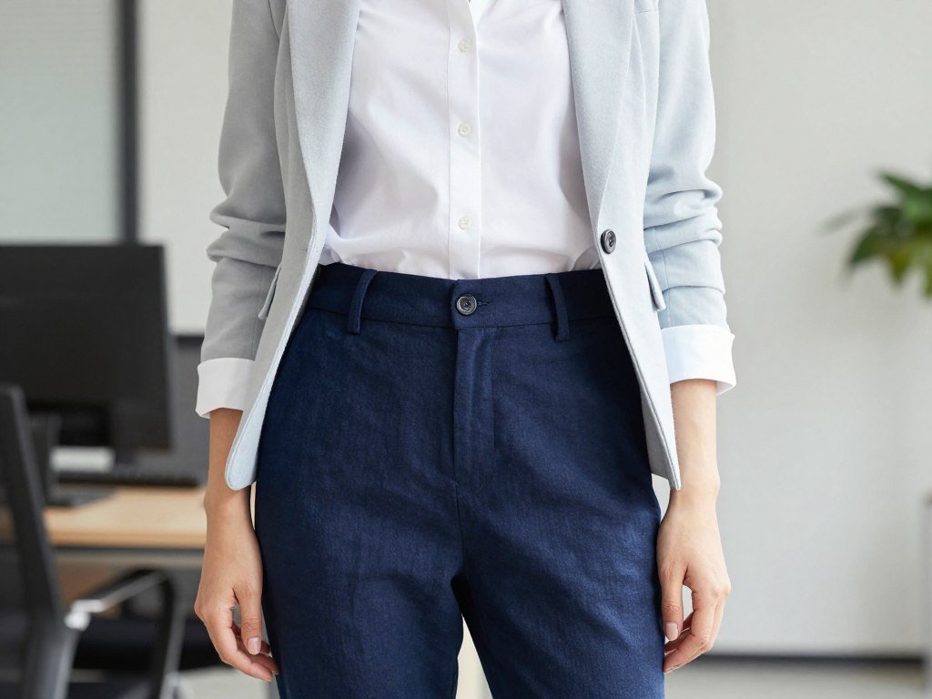 Woman wearing tailored navy linen pants with a white button-down shirt and blazer