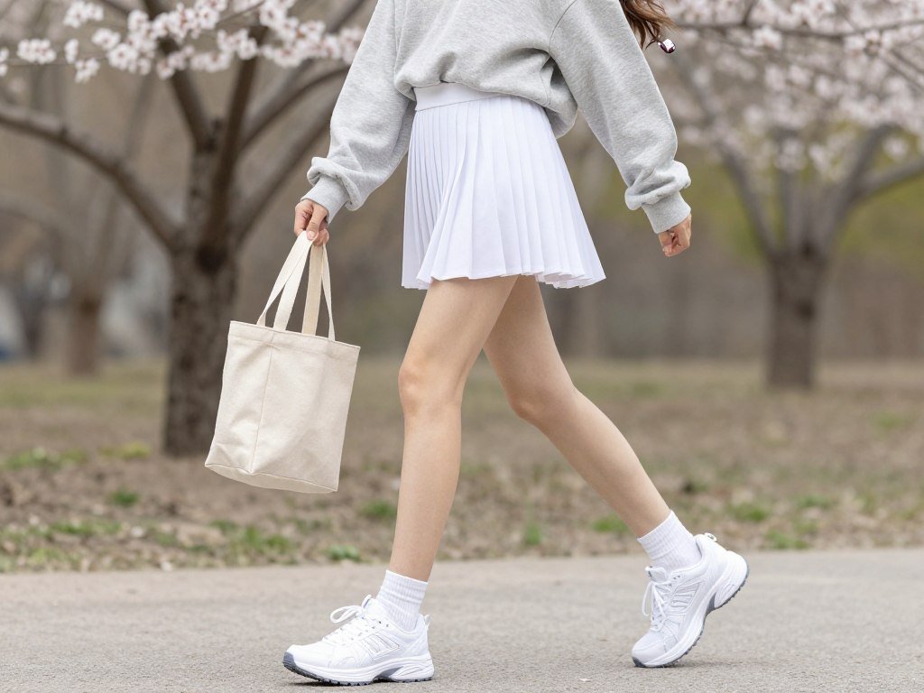 Woman wearing tennis skirt with oversized sweatshirt for spring athleisure