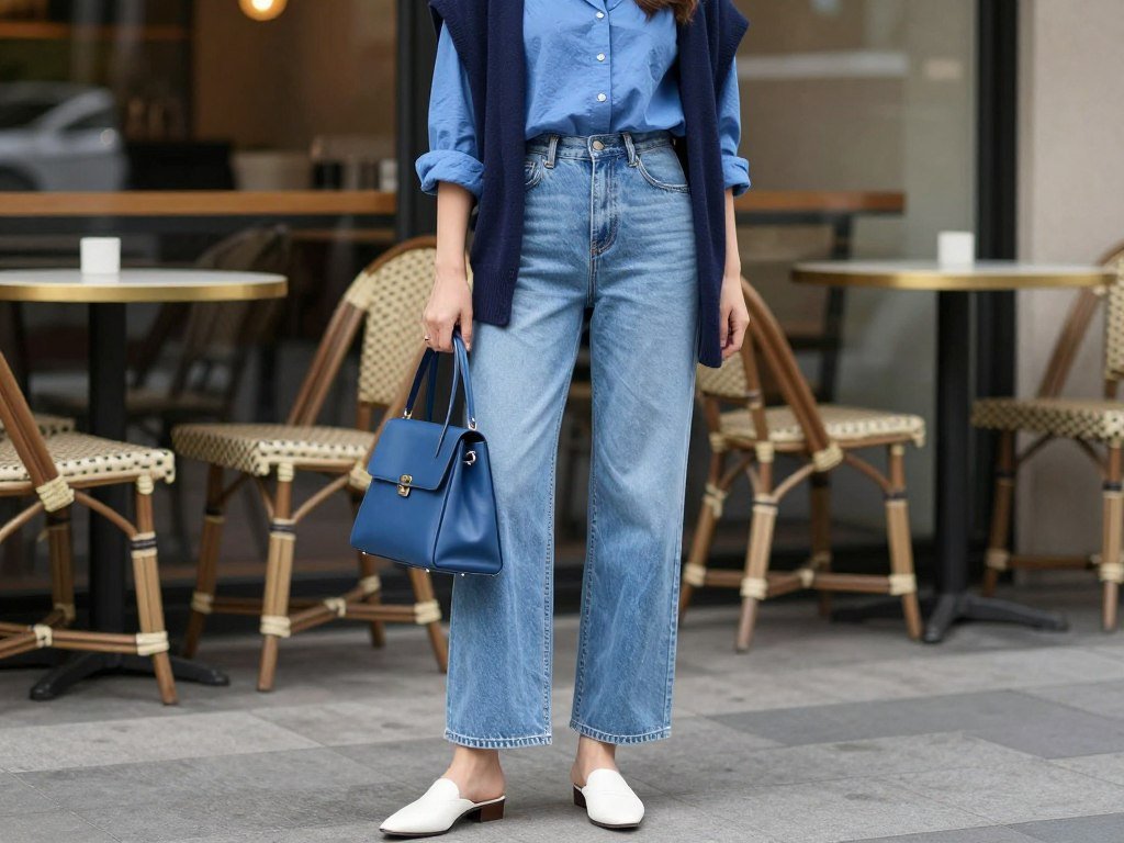 Woman wearing tonal blue outfit with different shades for spring
