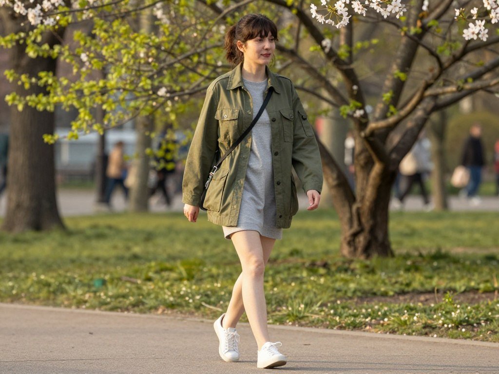 Woman wearing utility jacket with t-shirt dress and white sneakers for casual spring outfit