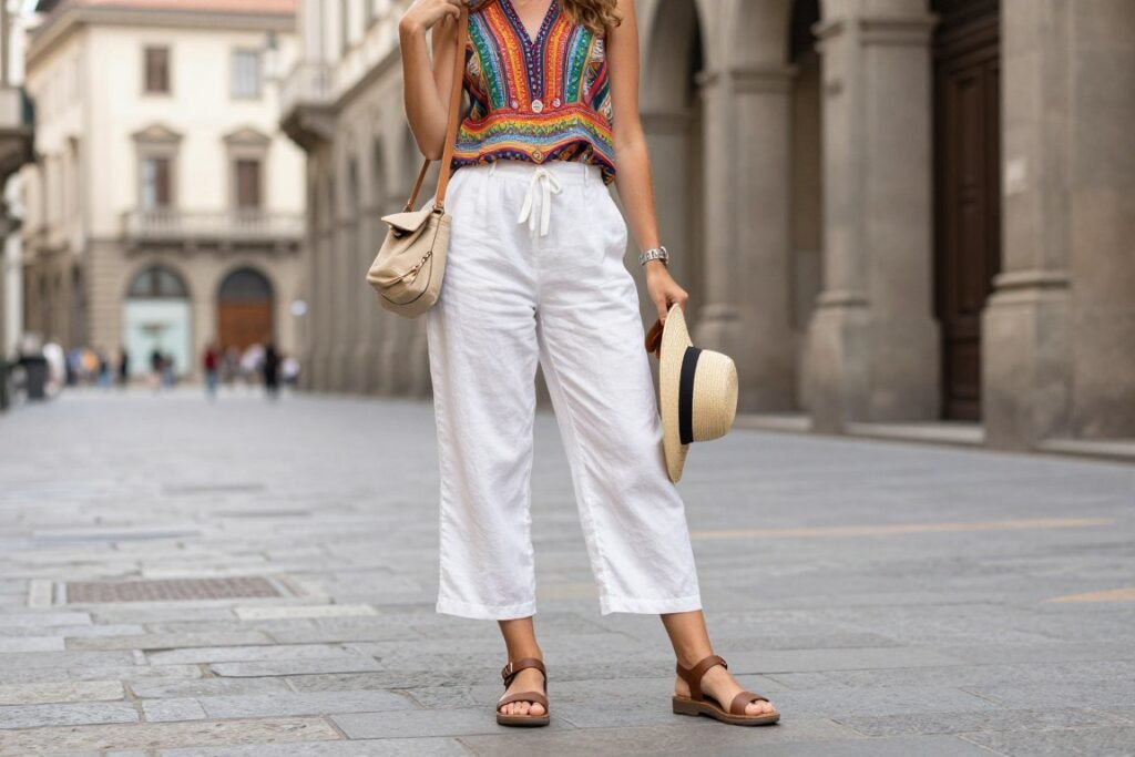 Woman wearing white linen pants with a colorful top while exploring a European city