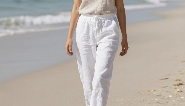 Woman wearing white linen pants with a neutral top walking along a beach