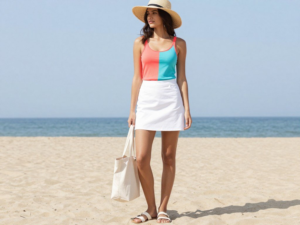 Woman wearing white mini skirt with colorful tank top and sandals for a summer beach outfit