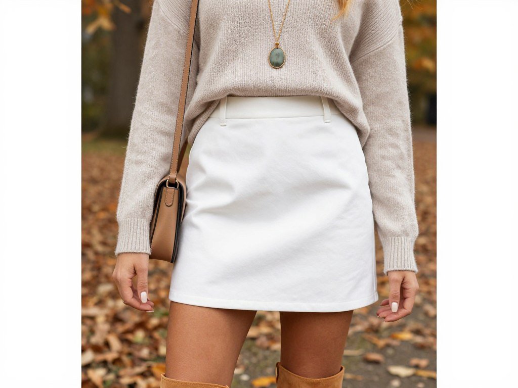 Woman wearing white mini skirt with light sweater and ankle boots for a fall transition outfit