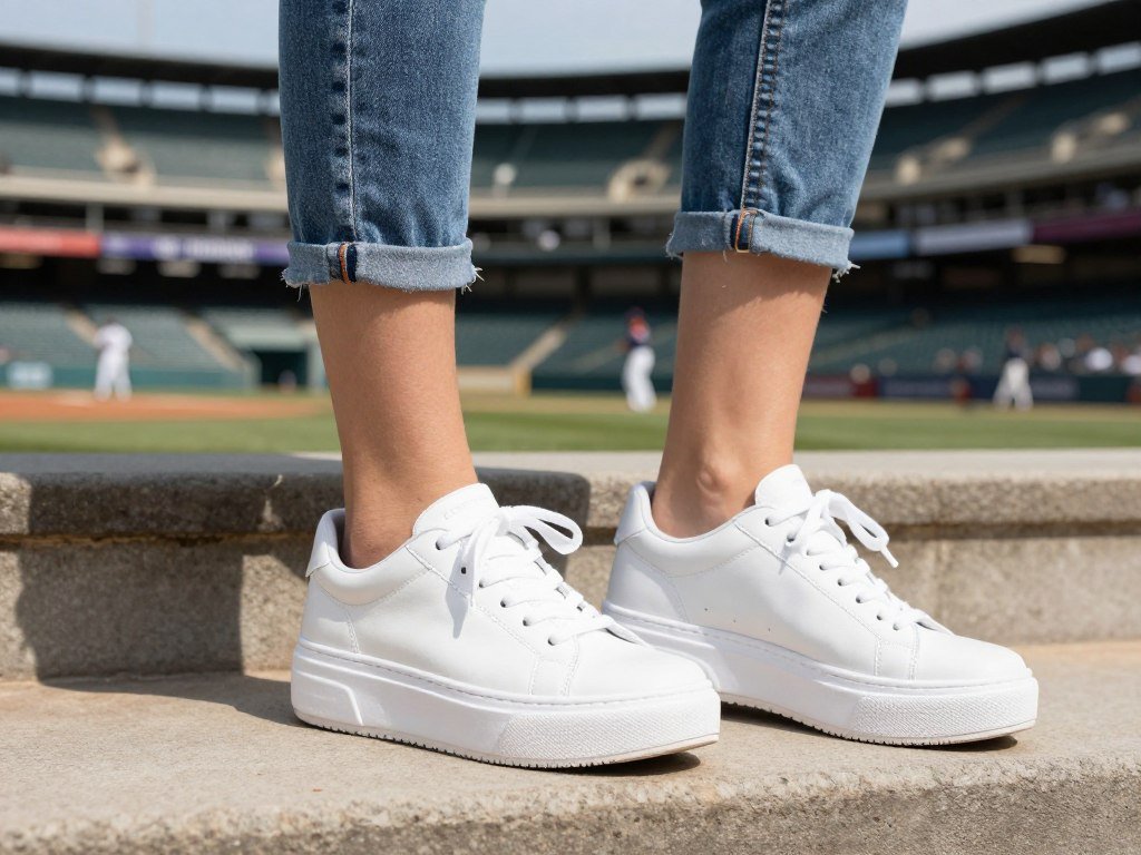 Woman wearing white platform sneakers with casual baseball outfit