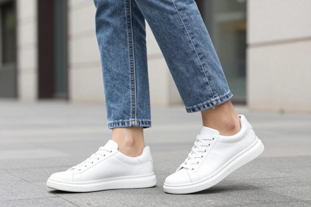 Woman wearing white sneakers with a casual spring outfit
