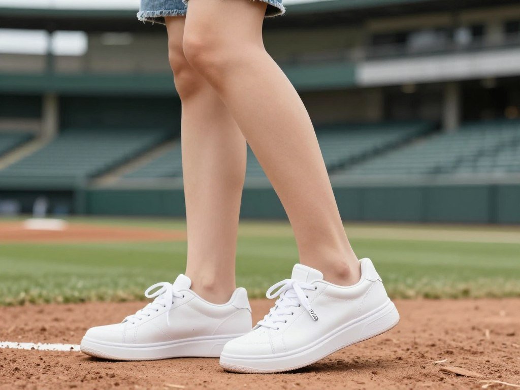 Woman wearing white sneakers with a cute baseball game outfit showing comfortable yet stylish footwear