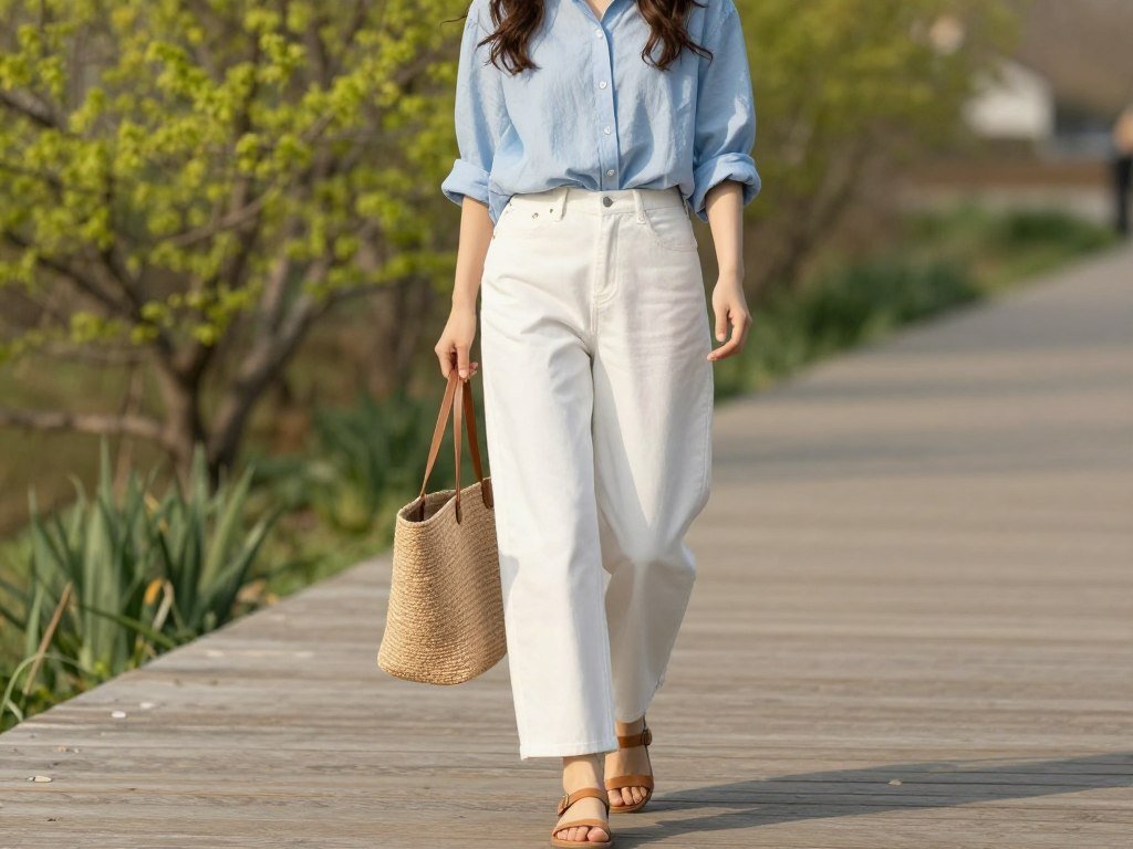 Woman wearing white wide-leg jeans with chambray shirt for casual spring outfit