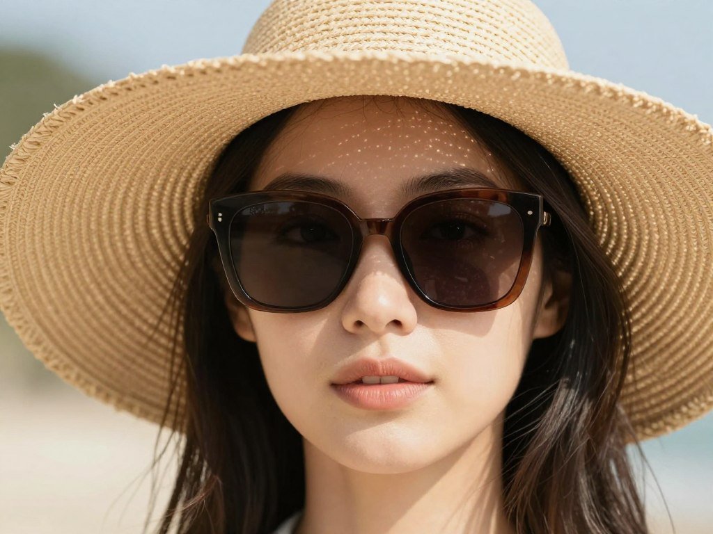 Woman wearing wide-brimmed straw hat and sunglasses for sun protection