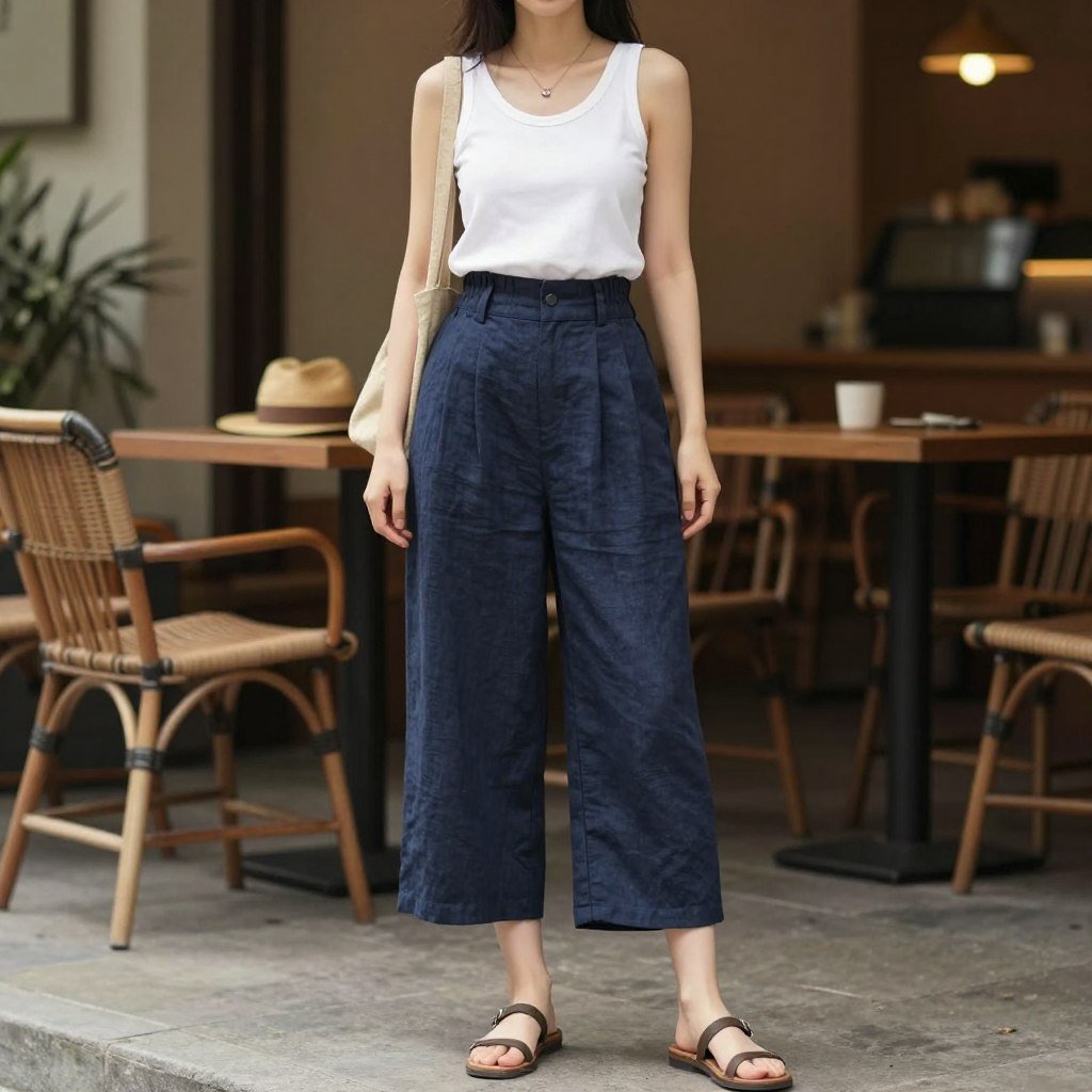 Woman wearing wide-leg crop pants and tank top summer outfit
