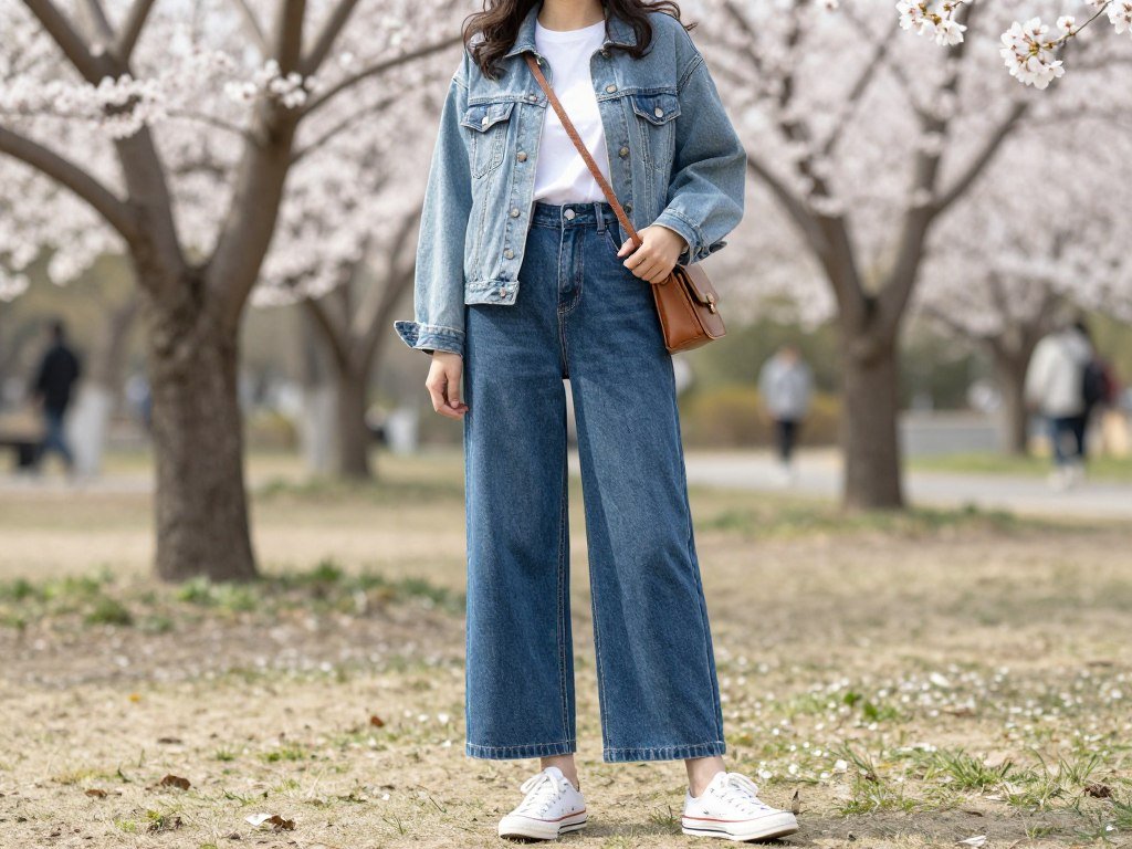 Woman wearing wide-leg jeans with tucked-in white t-shirt and denim jacket for spring